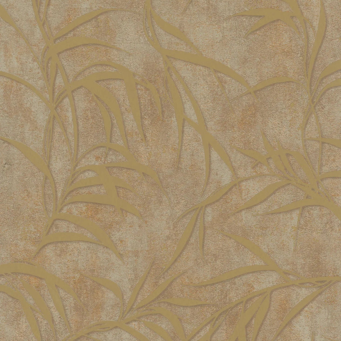 Marburg City Glow 34288 wallpaper with golden leafy fronds over a warm brown concrete-look background