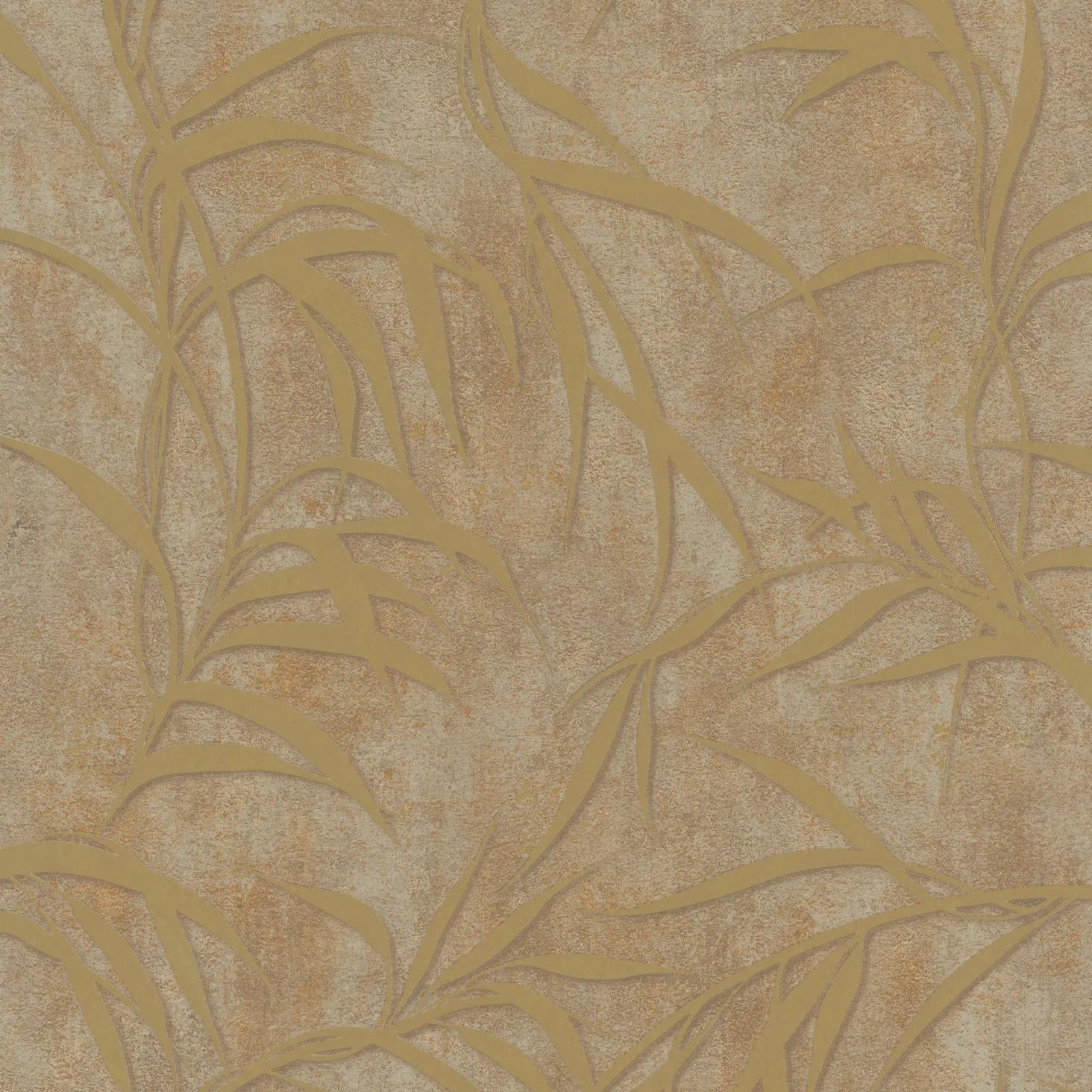 Marburg City Glow 34288 wallpaper with golden leafy fronds over a warm brown concrete-look background