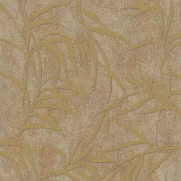 Marburg City Glow 34288 wallpaper with golden leafy fronds over a warm brown concrete-look background
