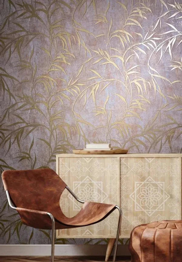 Marburg City Glow 34288 wallpaper with golden leafy fronds over a warm brown concrete-look background