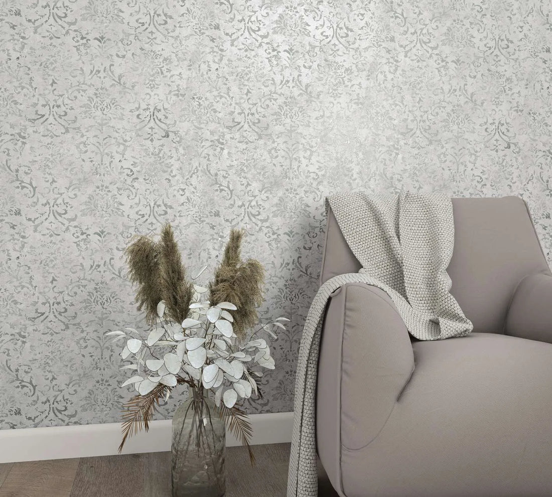 Marburg City Glow 34292 light grey distressed damask wallpaper