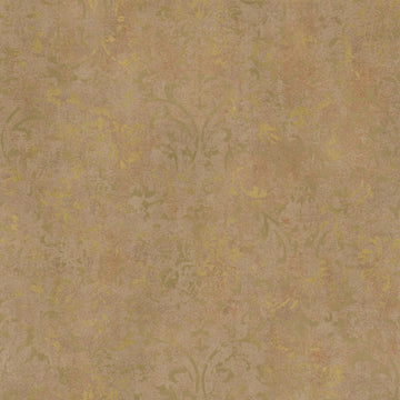 Warm brown and gold distressed damask wallpaper with a plaster-look texture