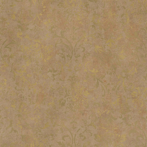 Warm brown and gold distressed damask wallpaper with a plaster-look texture