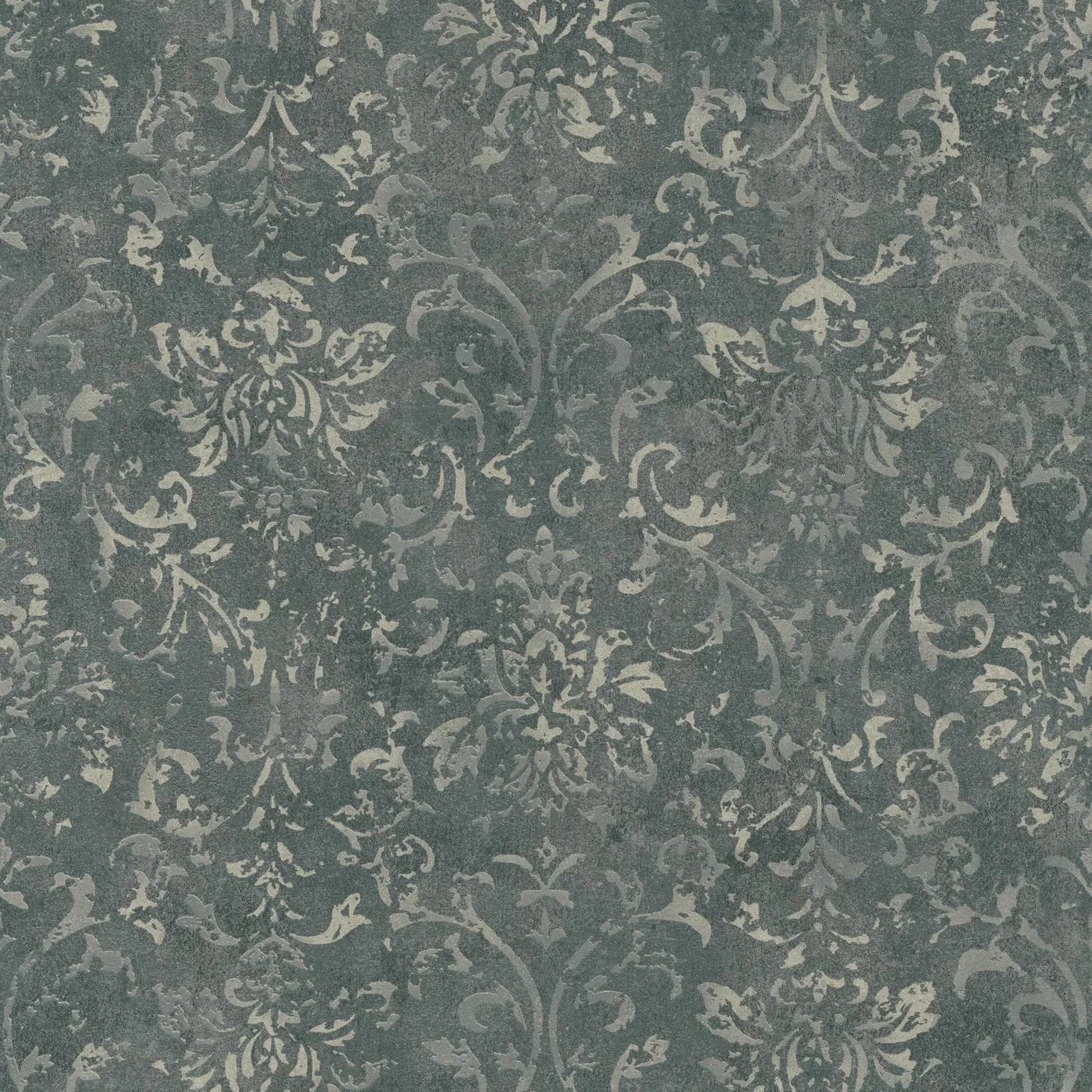 Marburg City Glow 34296 dark olive-grey concrete-look damask wallpaper with silver ornamental pattern