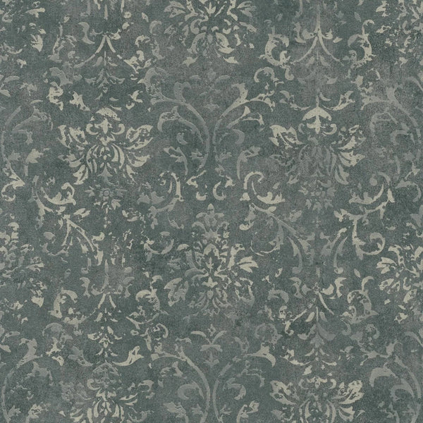 Marburg City Glow 34296 dark olive-grey concrete-look damask wallpaper with silver ornamental pattern