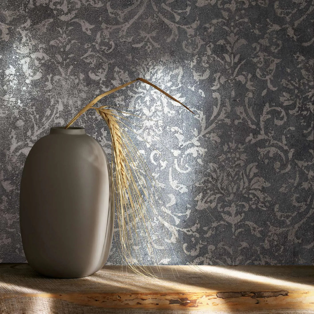 Marburg City Glow 34296 dark olive-grey concrete-look damask wallpaper with silver ornamental pattern