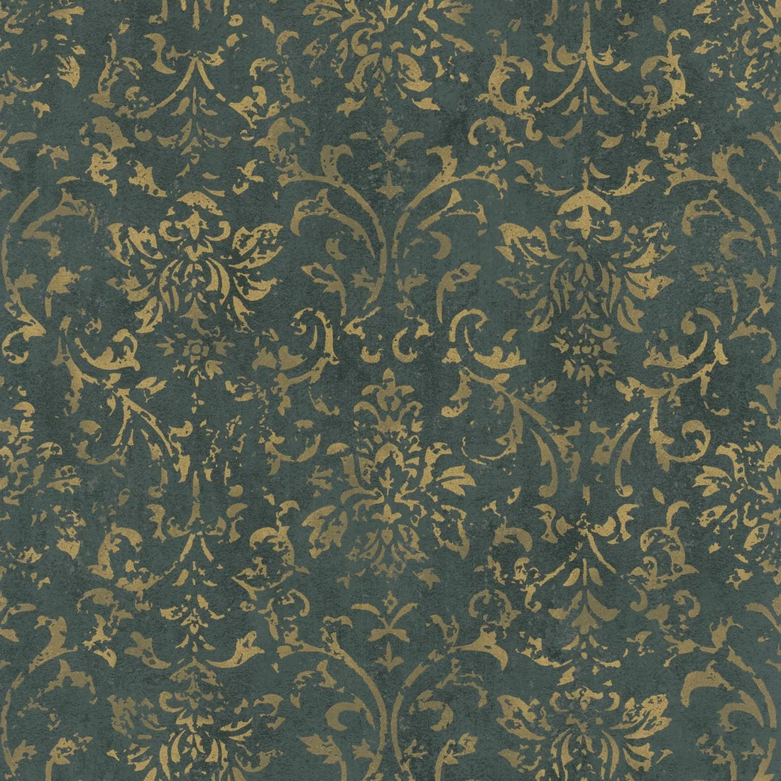 Marburg City Glow 34297 damask wallpaper in deep olive green with distressed gold scrollwork.