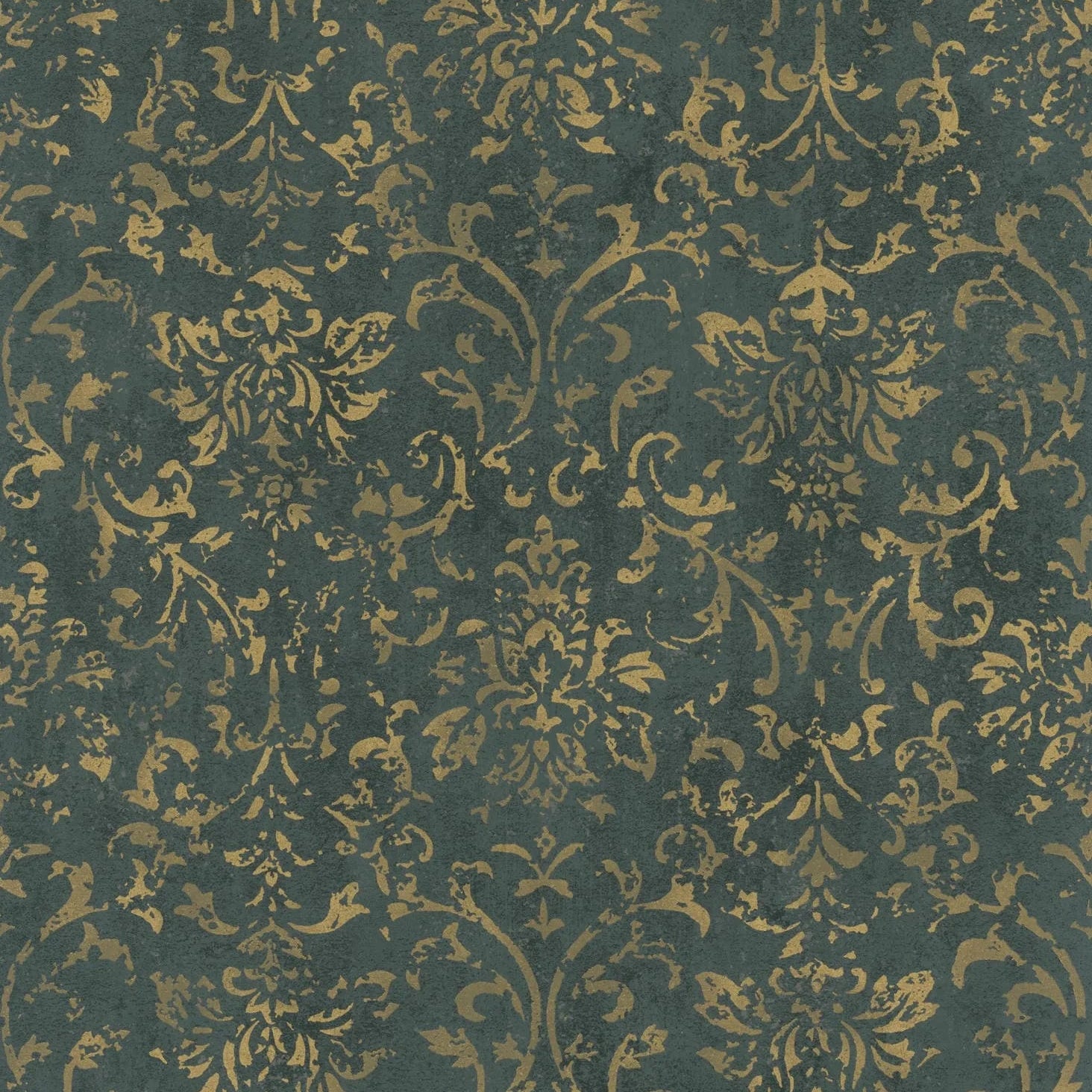 Marburg City Glow 34297 damask wallpaper in deep olive green with distressed gold scrollwork.