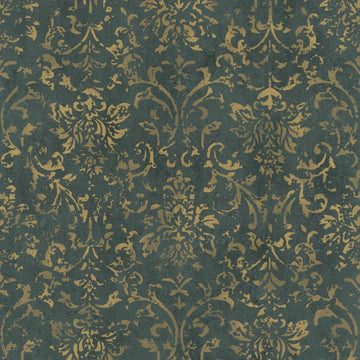 Marburg City Glow 34297 damask wallpaper in deep olive green with distressed gold scrollwork.