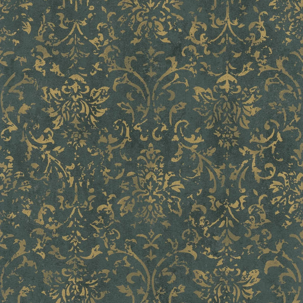 Marburg City Glow 34297 damask wallpaper in deep olive green with distressed gold scrollwork.