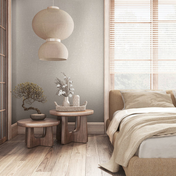 Marburg City Romance 35114 Beige textured wallpaper with subtle tone-on-tone crosshatch dashes creating a soft woven effect wallpaper on a bedroom feature wall.