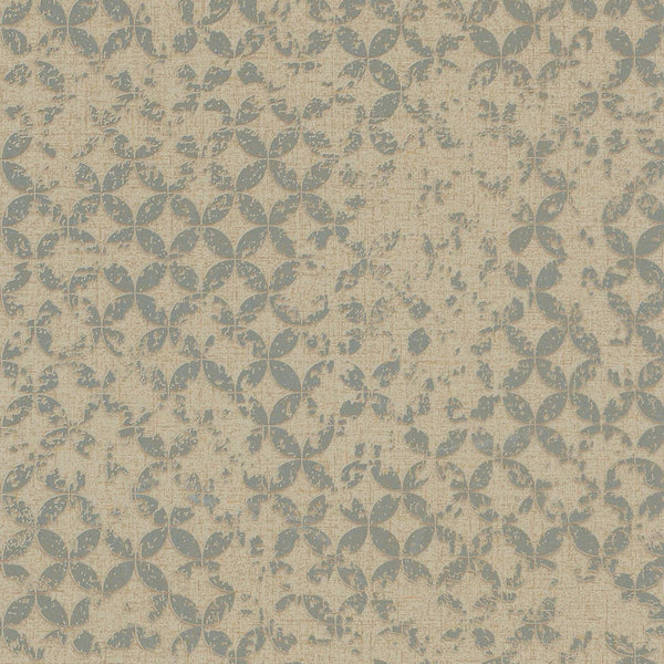 Marburg City Romance 35120 geometric lattice wallpaper in neutral grey on warm beige with a distressed, linen-like texture.