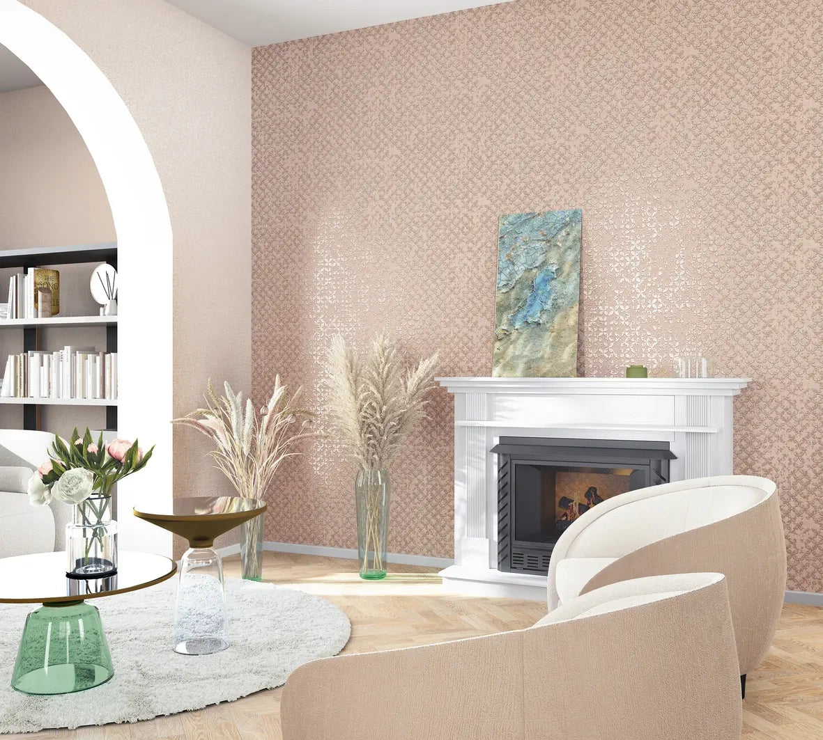 Marburg City Romance 35120 Small-scale geometric lattice pattern with a subtle metallic sheen in a neutral tone wallpaper on a living room feature wall.
