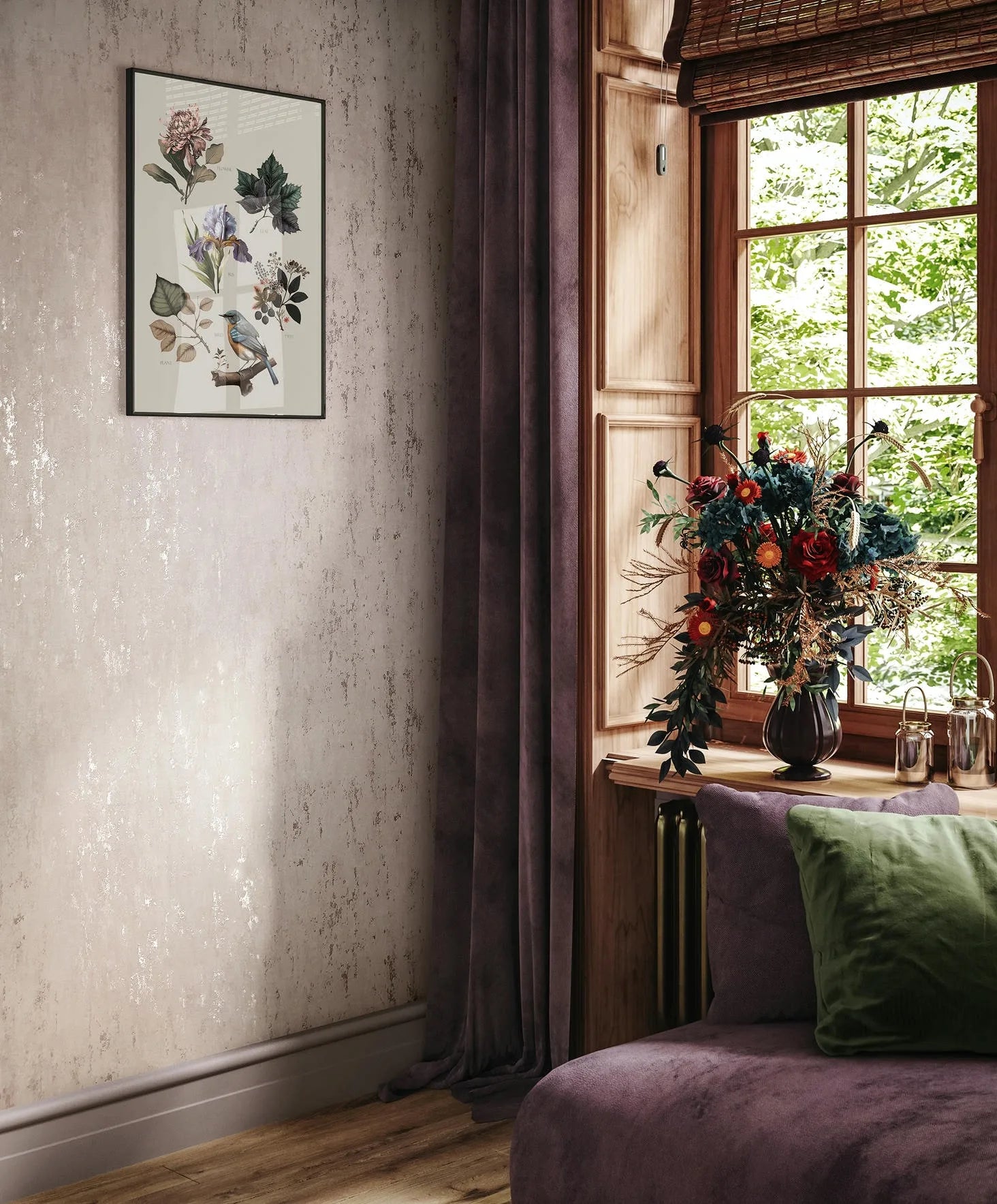 Marburg City Romance 35125 Room scene showing light beige textured wallpaper with subtle reflective flecks beside a wood-framed window with a woven blind, purple curtain, framed botanical print, a purple sofa with a green cushion, and a vase of flowers on the windowsill.