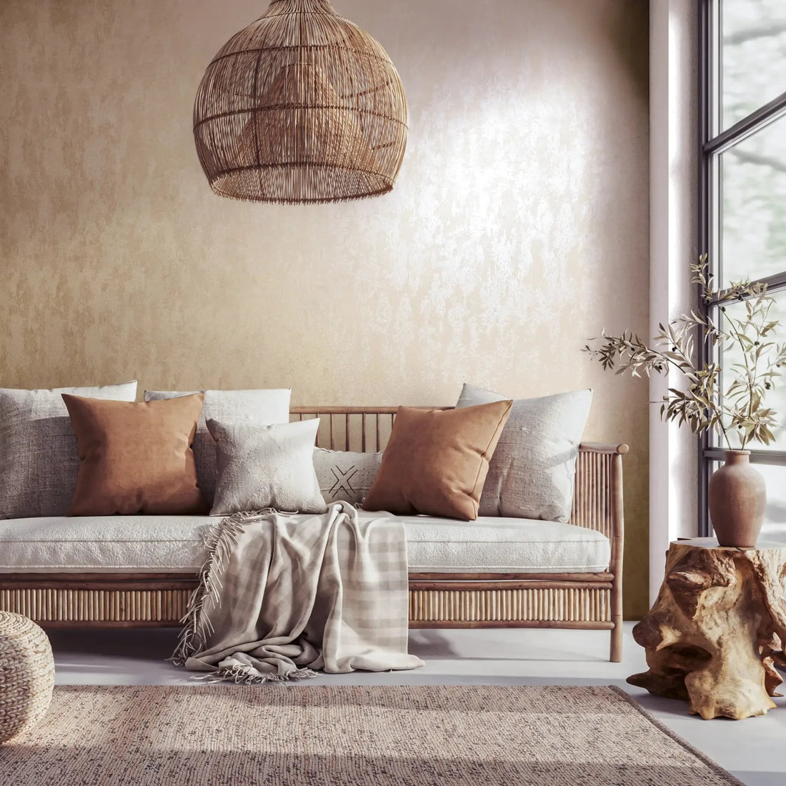 Marburg 35131 wallpaper lounge feature wall behind rattan sofa with cushions, woven pouf, potted plant, stump side table with vase, and pendant light for a relaxed, airy mood.