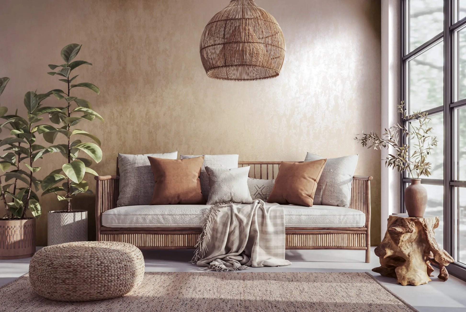 Marburg 35131 wallpaper lounge feature wall behind rattan sofa with cushions, woven pouf, potted plant, stump side table with vase, and pendant light for a relaxed, airy mood.