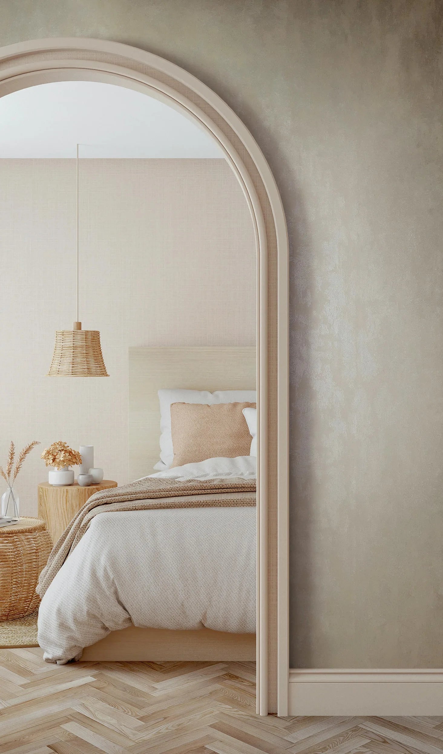 Marburg 35133 wallpaper textured feature wall with arched opening to a serene bedroom with low bed, woven pendant light, wooden bedside table with vases, wicker basket, and herringbone floor for a calm natural mood.