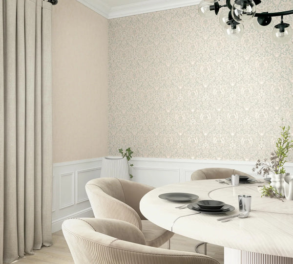 Marburg 35139 wallpaper in a serene lounge with a patterned feature wall, round dining table set with tableware, upholstered chairs, wainscoting, long curtains, and a modern chandelier.