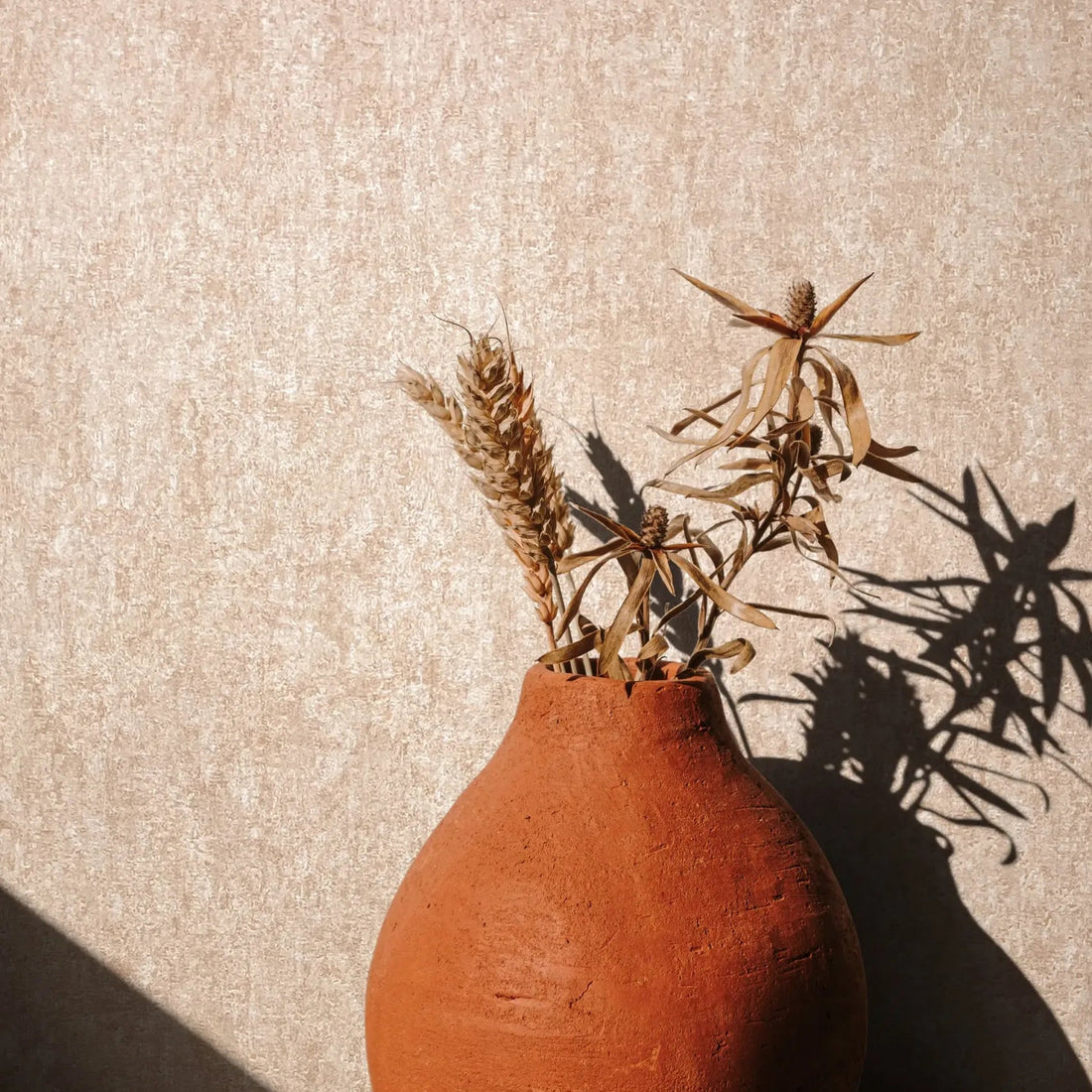 Marburg 35141 wallpaper lounge feature wall with textured neutral finish, terracotta vase with dried stems on a console, warm sunlit calm mood.