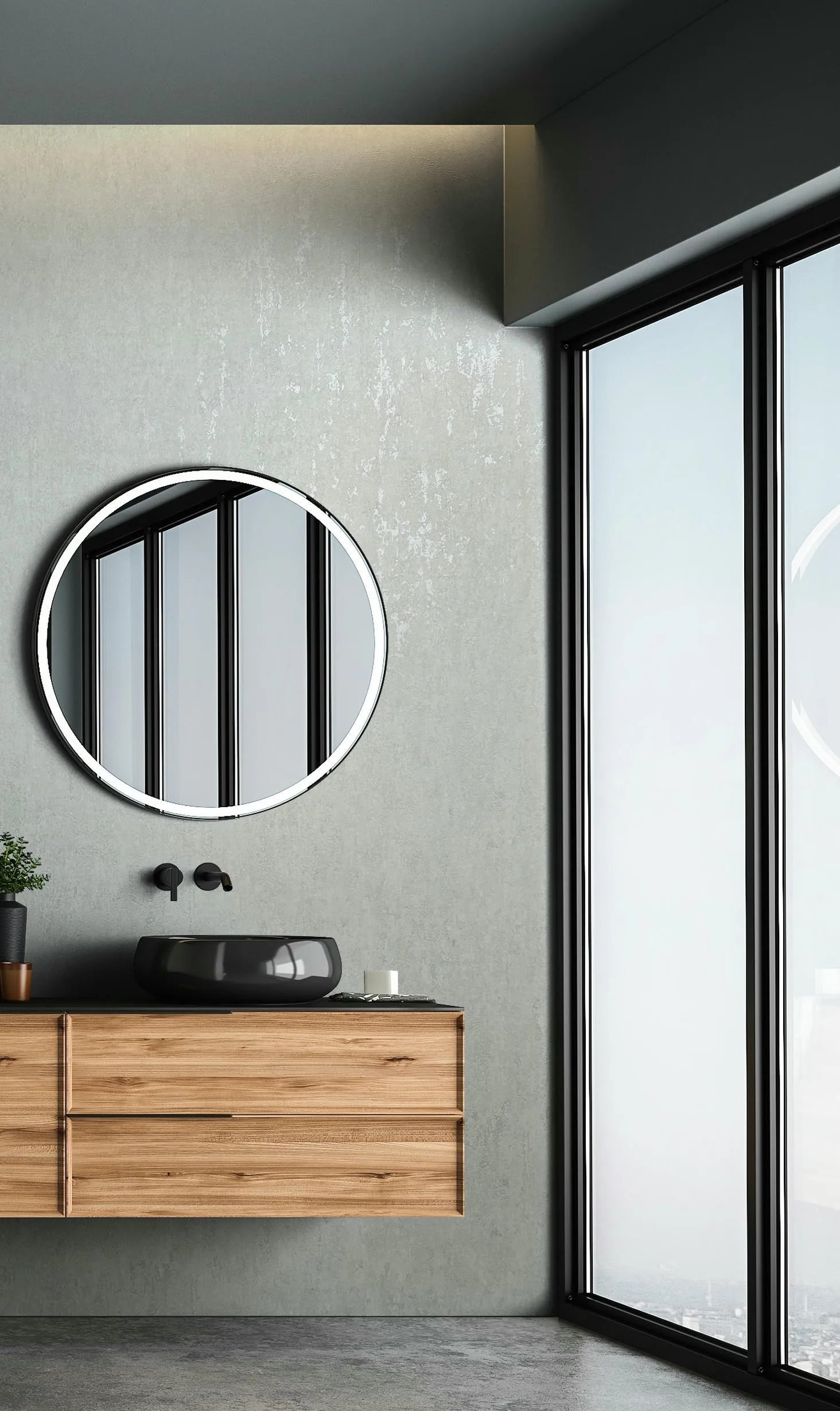 Marburg 35143 wallpaper bathroom feature wall with round mirror above floating wood vanity and black basin beside floor-to-ceiling windows, minimalist calm feel.