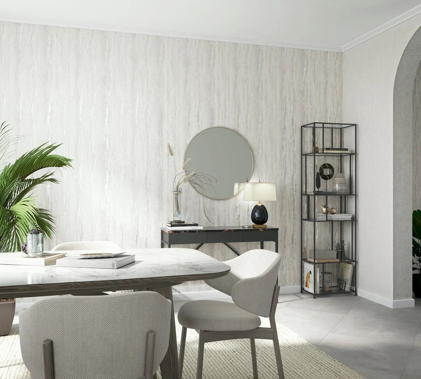 Marburg 35143 wallpaper in a modern lounge feature wall behind a console with round mirror and lamp, with dining table and chairs, open shelving and potted plant, serene contemporary mood.