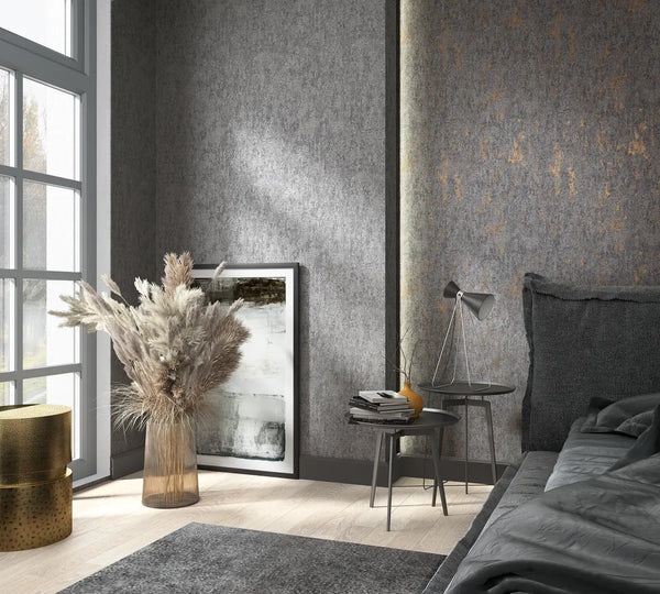 Marburg 35146 wallpaper modern bedroom feature wall with upholstered bed, nesting side tables with lamp and books, abstract art and pampas grass by a tall window, calm and refined.