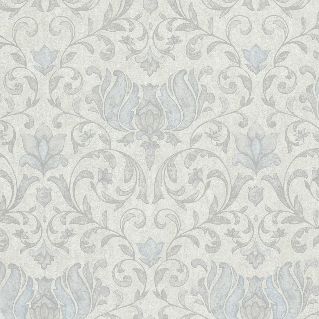 Marburg City Romance 35147 light grey damask wallpaper with blue-grey accents on a plaster-like ground