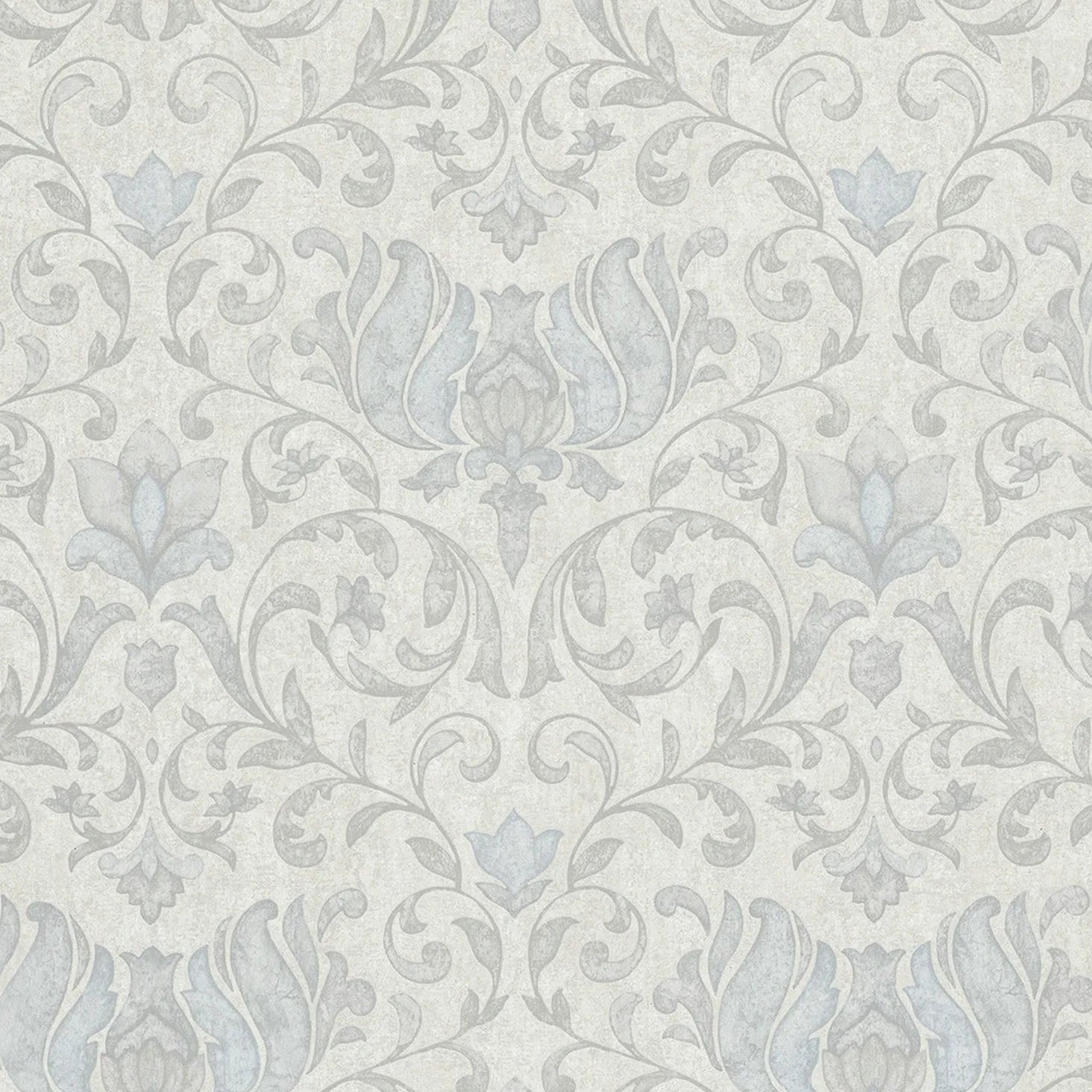 Marburg City Romance 35147 light grey damask wallpaper with blue-grey accents on a plaster-like ground