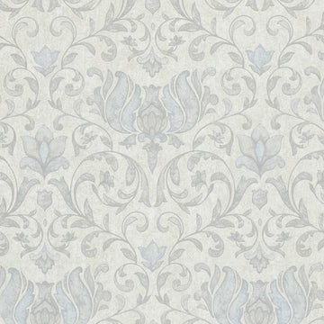 Marburg City Romance 35147 light grey damask wallpaper with blue-grey accents on a plaster-like ground