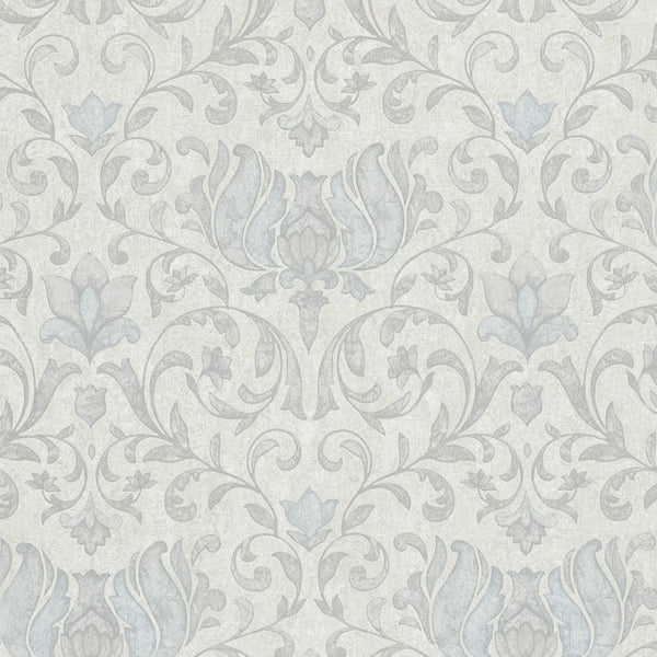 Marburg City Romance 35147 light grey damask wallpaper with blue-grey accents on a plaster-like ground