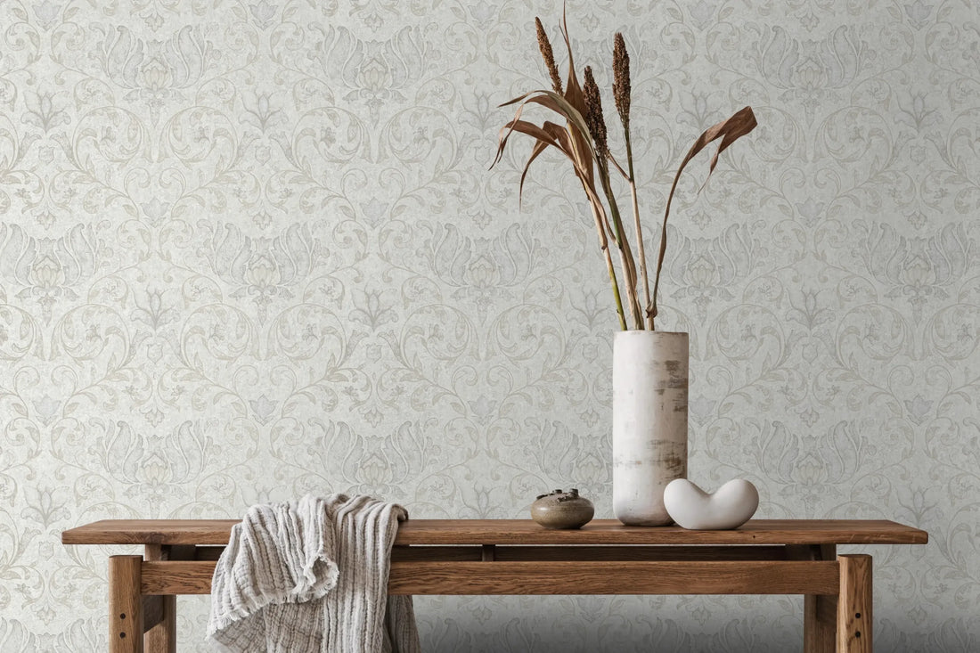 Marburg City Romance 35148 light grey damask wallpaper with a soft plaster-look ground.