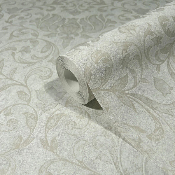 Marburg 35148 wallpaper roll with textured floral vine damask pattern in light neutral tones, close-up detail.