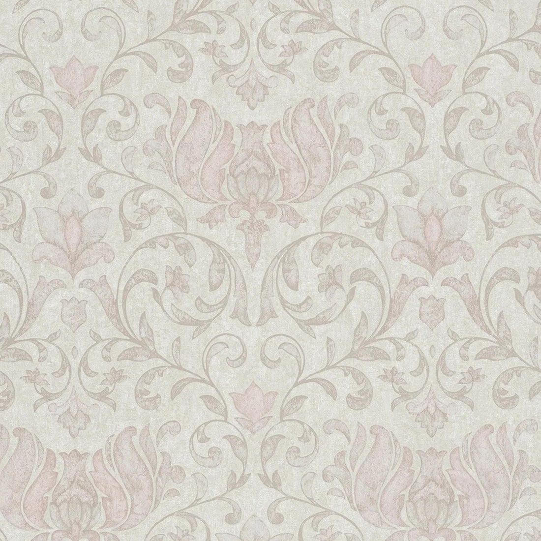 Marburg City Romance 35149 wallpaper with warm taupe and dusty rose damask on a light grey plaster-look ground.