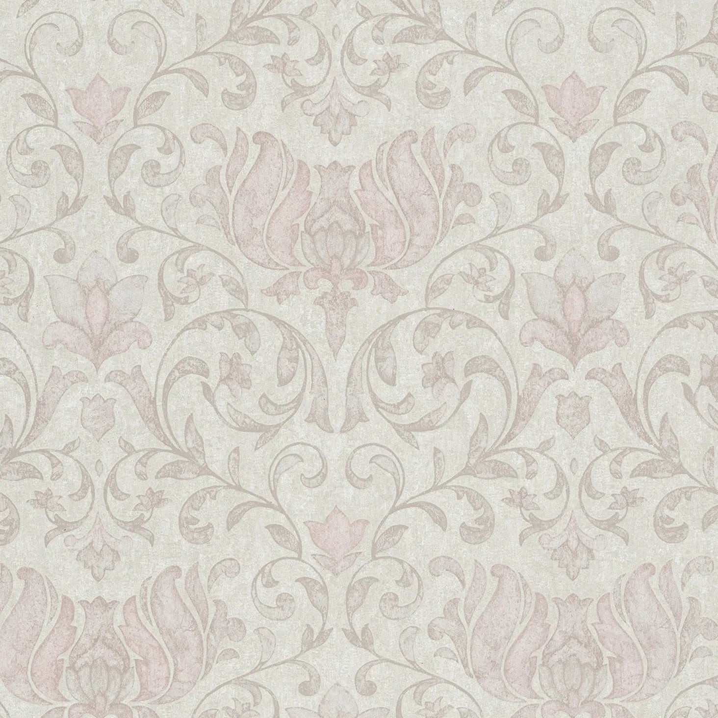 Marburg City Romance 35149 wallpaper with warm taupe and dusty rose damask on a light grey plaster-look ground.