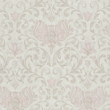 Marburg City Romance 35149 wallpaper with warm taupe and dusty rose damask on a light grey plaster-look ground.