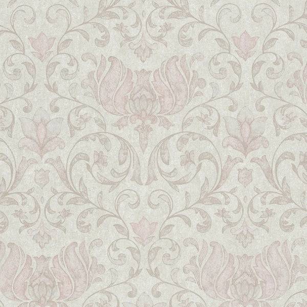 Marburg City Romance 35149 wallpaper with warm taupe and dusty rose damask on a light grey plaster-look ground.