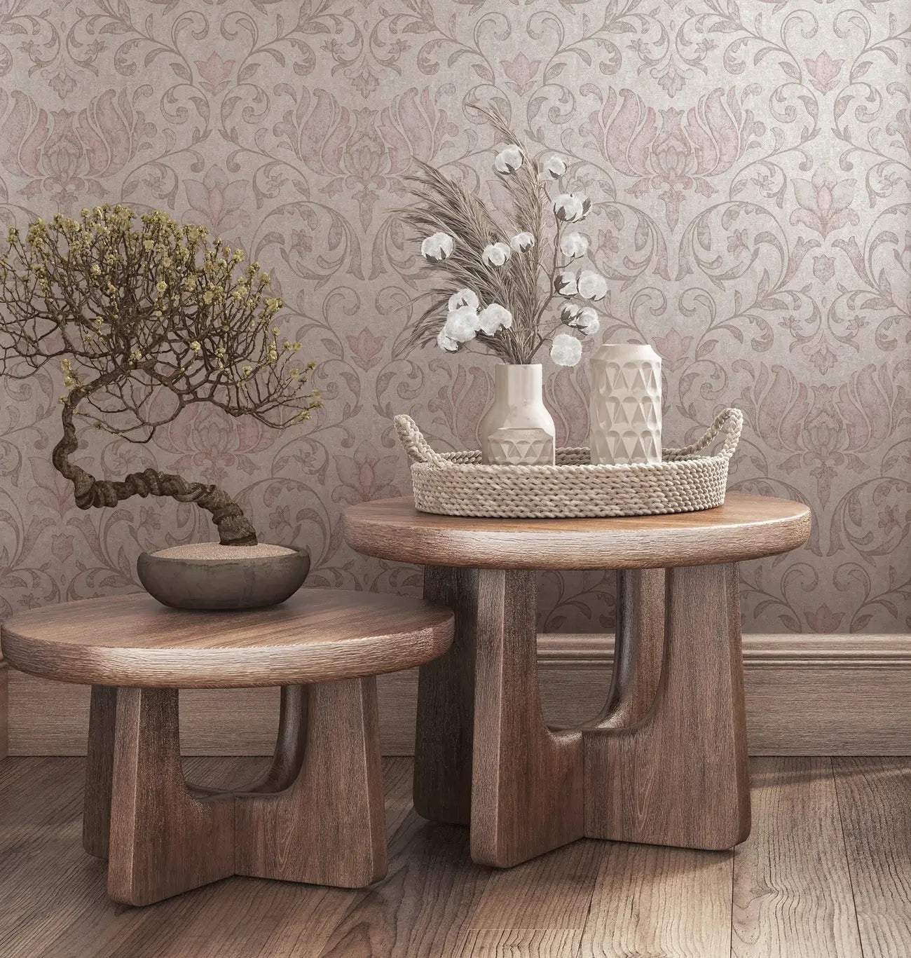 Marburg 35149 wallpaper lounge feature wall behind two wooden side tables with a bonsai, tray and vases, calm minimalist mood.