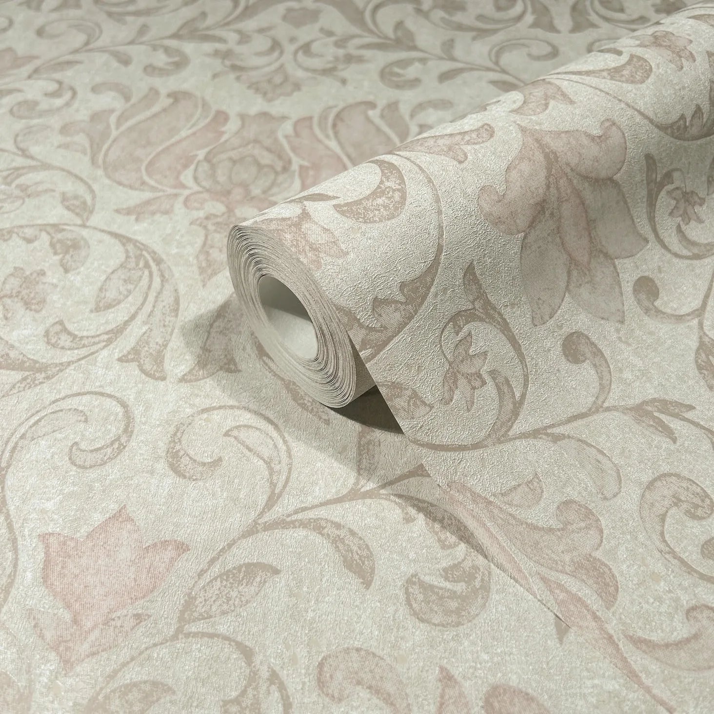 Marburg 35149 wallpaper close-up of rolled scrollwork floral pattern with subtle texture.