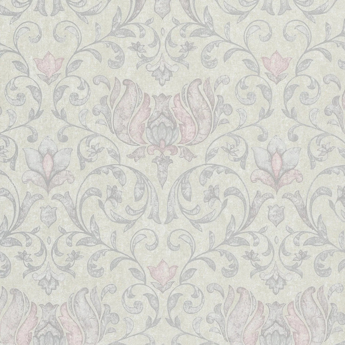Marburg City Romance 35150 grey damask floral wallpaper with soft blush accents on a plaster-look ground