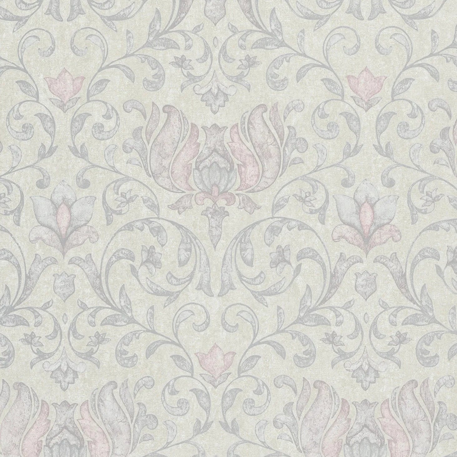 Marburg City Romance 35150 grey damask floral wallpaper with soft blush accents on a plaster-look ground