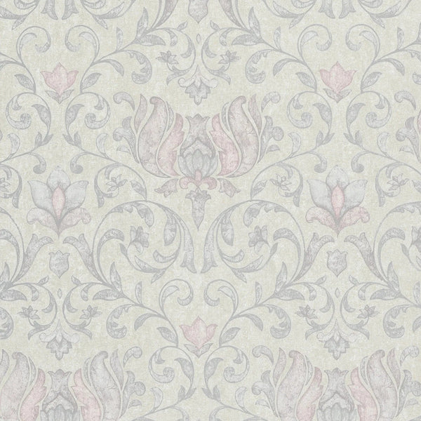 Marburg City Romance 35150 grey damask floral wallpaper with soft blush accents on a plaster-look ground