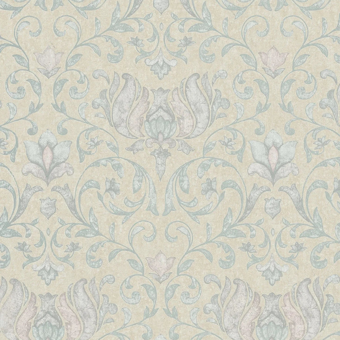 Marburg City Romance 35151 damask wallpaper with soft sage floral scrolls on a warm beige plaster-like ground