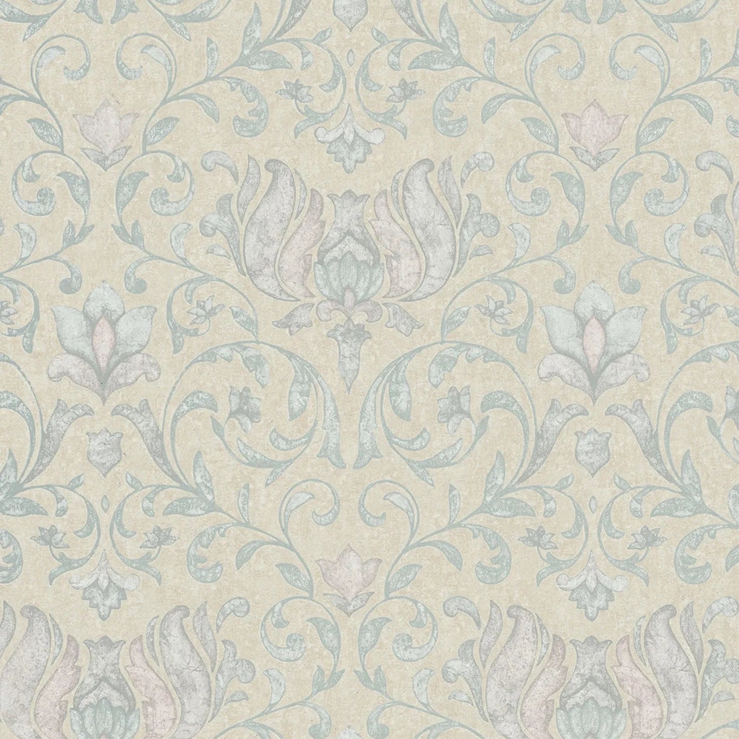 Marburg City Romance 35151 damask wallpaper with soft sage floral scrolls on a warm beige plaster-like ground