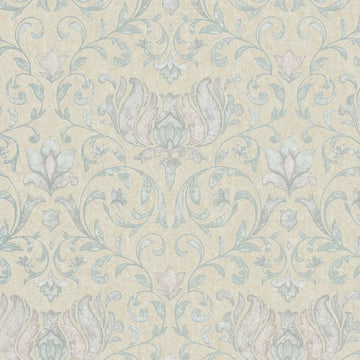 Marburg City Romance 35151 damask wallpaper with soft sage floral scrolls on a warm beige plaster-like ground