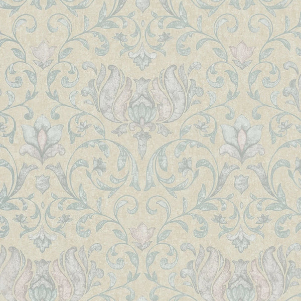 Marburg City Romance 35151 damask wallpaper with soft sage floral scrolls on a warm beige plaster-like ground