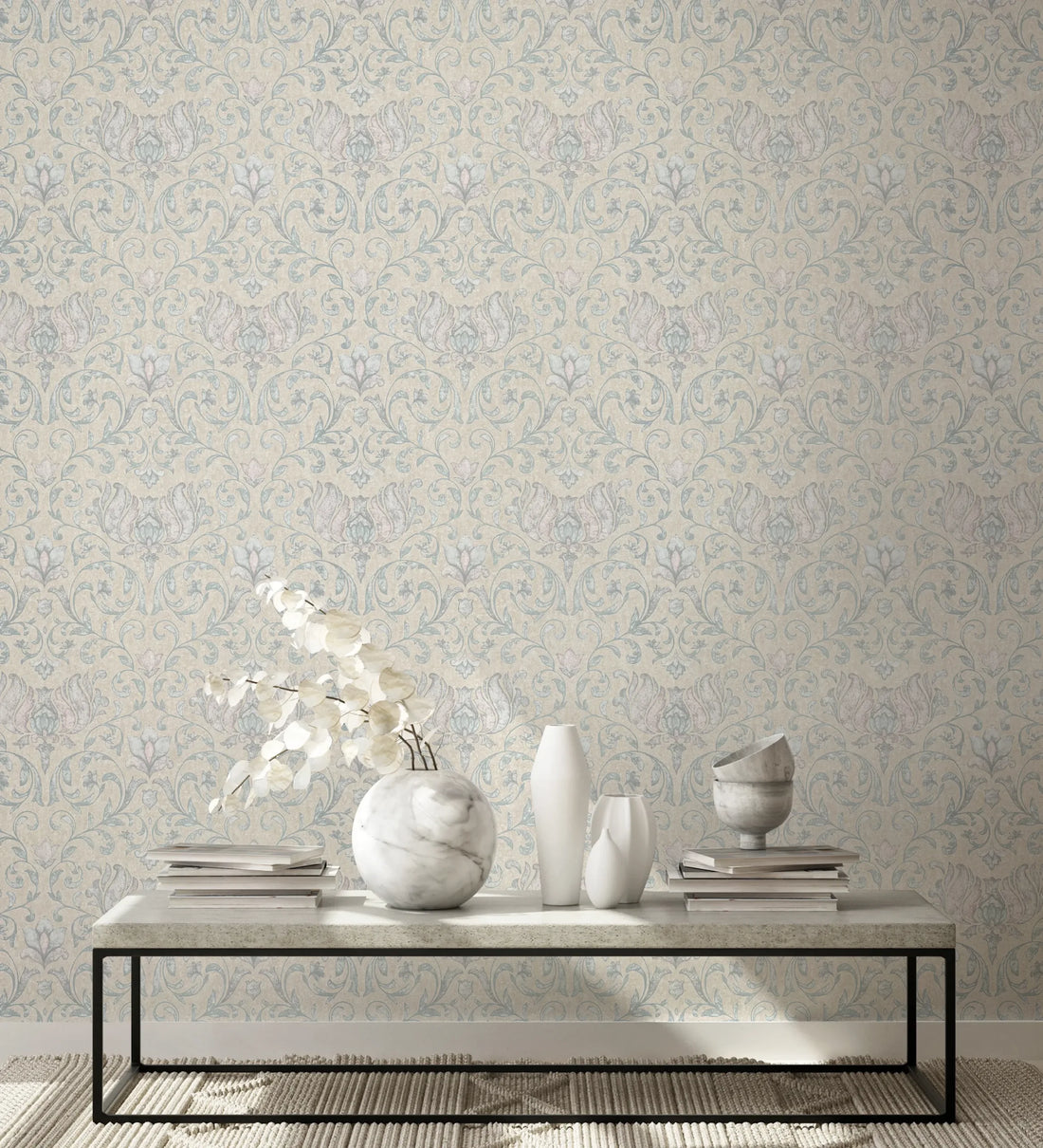 Marburg City Romance 35151 damask wallpaper with soft sage floral scrolls on a warm beige plaster-like ground