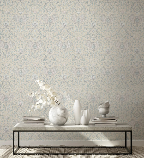 Marburg 35151 wallpaper lounge feature wall behind a minimalist coffee table with marble and white vases, stacked books, and a textured rug for a calm, elegant feel.