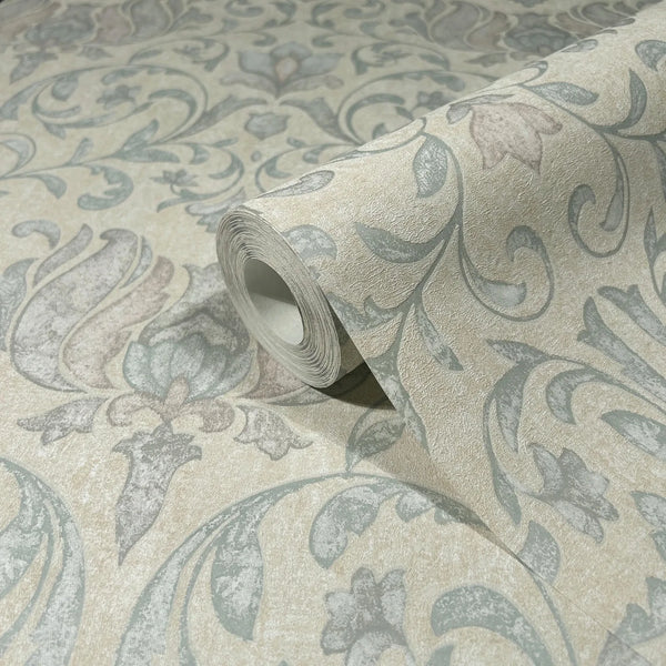 Marburg 35151 wallpaper close-up of a roll with ornate floral vines and textured finish.