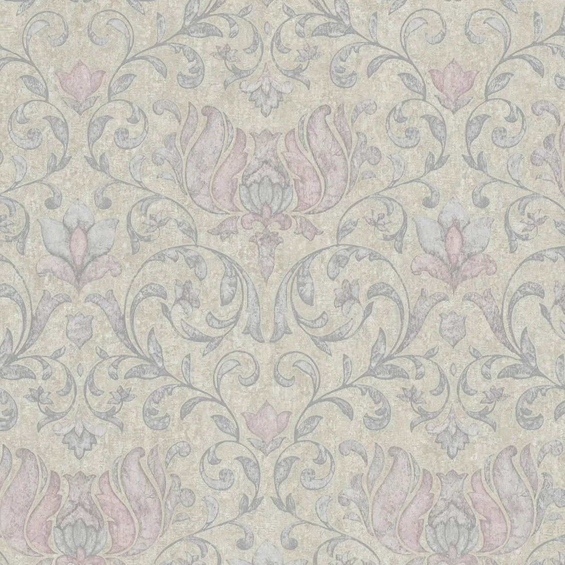 Marburg City Romance 35152 wallpaper with trailing floral damask in soft grey and dusty blush on a warm beige, plaster-like background.