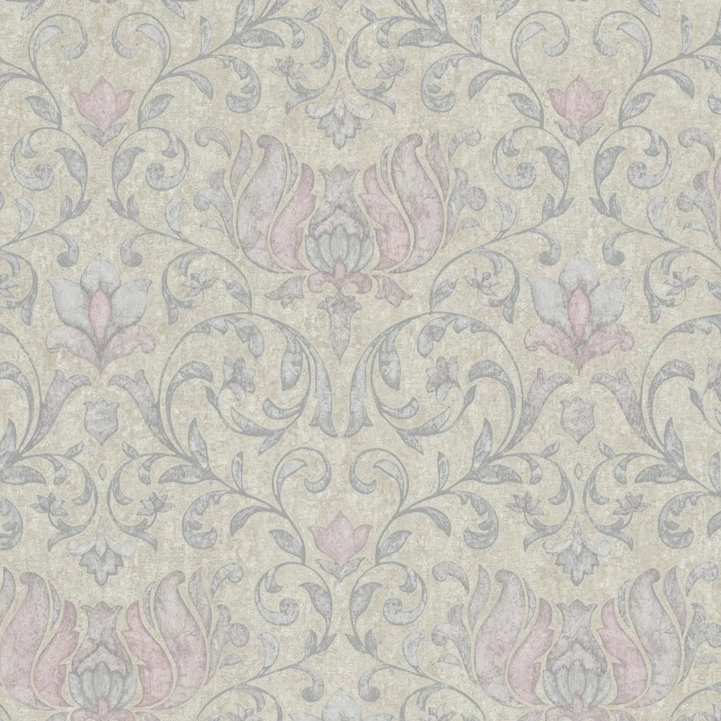 Marburg City Romance 35152 wallpaper with trailing floral damask in soft grey and dusty blush on a warm beige, plaster-like background.